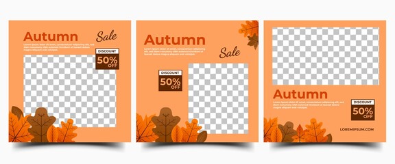 Autumn social media post template collection. Square banner with autumn leaves illustration.