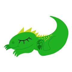 Cute sleeping dinosaur on white background. The design element can be used for printing on clothes or bags in design of website posters and banners. Vector illustration
