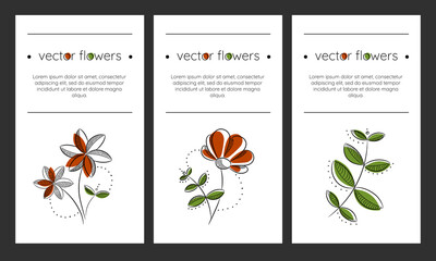 Elegant vector background for social media, banner, card with hand draw flowers and leaves in linear style. Minimalism in nature