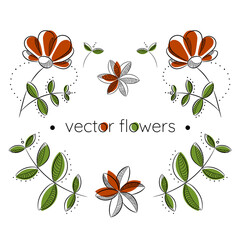 Hand drawn white flowers and leaves background. Vector drawings in linear style. Minimalism in nature