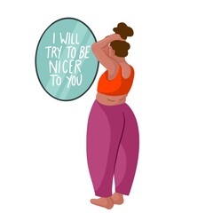 A person looking into the mirror. In the mirror it says: I will try to be nicer to you. 