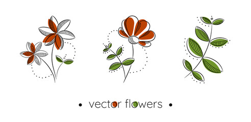 Hand drawn white flowers and leaves collection. Vector drawings in linear style. Minimalism in nature
