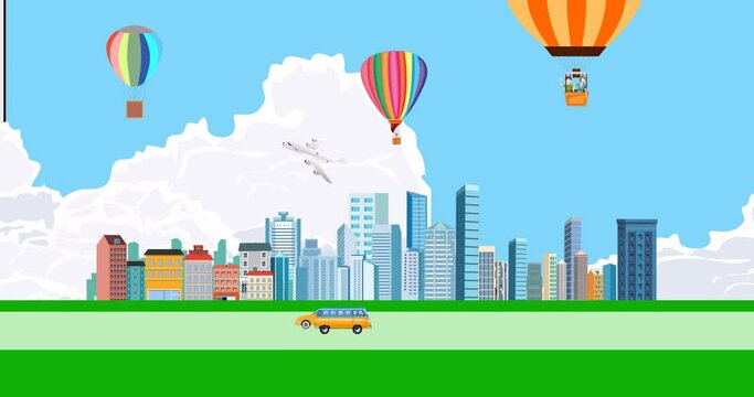 air balloon with young boy and girl flying over city. City street with cars. Concept of urban, 2d animation