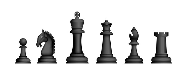 Realistic chess game black figures set isolated