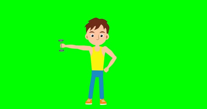 lift dumbbells boy 2d animation cartoon on green screen