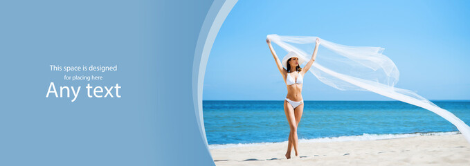 Beautiful, young and happy blond woman walking on the beach in white swimsuit. Fit and sexy fashion...