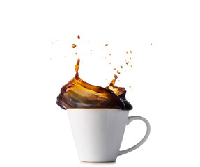 Coffee splash from a cup isolated on white background.