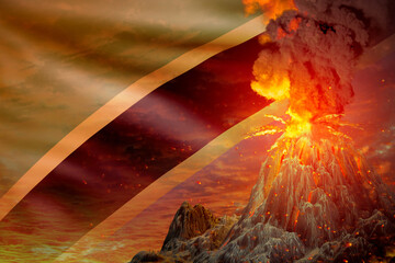 stratovolcano eruption at night with explosion on Tanzania flag background, suffer from eruption and volcanic earthquake conceptual 3D illustration of nature