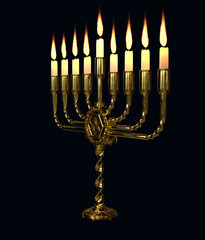 goldish decorative hanukkiah glowing isolated, conceptual object 3D rendering
