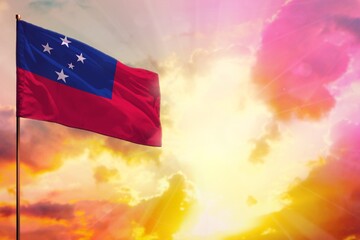 Fluttering Samoa flag in top left corner mockup with the space for your text on beautiful colorful sunset or sunrise background.