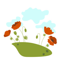 Vector cartoon meadow with blooming poppies and clouds. 