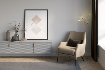 A cozy room with a vertical poster and decorative vases on a gray stand, a beige armchair with a gold lamp next to the window with dark brown curtains, a gray carpet on the parquet floor. 3d render