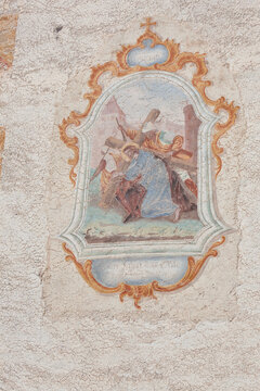 Fresco from the St. Giacomo little church in Val Gardena representing a moment on the Way of the cross