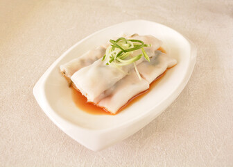 steamed rice vermicelli noodle roll wrapped with char siew prawn meat in salted soy sauce Cee cheong fan asian halal dim sum menu