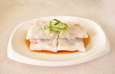 steamed rice vermicelli noodle roll wrapped with char siew prawn meat in salted soy sauce Cee cheong fan asian halal dim sum menu