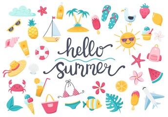 Summer set with lettering and cute beach elements bikini, flip flops, fruits, flowers, palm trees. Hand drawn flat cartoon elements. illustration