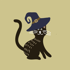 Halloween Illustration of a black cat dressed as a witch