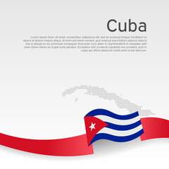 Cuba flag, mosaic map on white background. Wavy ribbon with the cuban flag. Vector banner design, cuba national poster. Cover for business booklet. State patriotic, flyer, brochure
