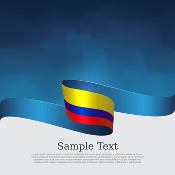 Colombia Flag Background. Colombian Flag Wavy Ribbon On Blue White Background. National Patriotic Poster. Vector Tricolor Brochure Design. State Banner Of Colombia, Cover, Flyer