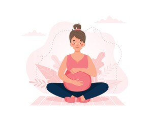 Pregnant woman doing yoga. Pregnancy health, meditation concept. illustration.