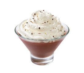 Milk chocolate pudding with whipped cream in a ice cream bowl, isolated on a white background. Close-up.