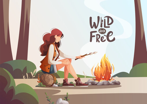 Card design with woman sitting by campfire and roasting marshmallows. Summertime camping, traveling, camper, nature, journey concept. Vector illustration for poster, banner, postcard, card, cover.