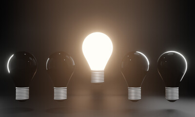 One glowing light bulb standing out from the unlit incandescent bulbs. creative idea and innovation concept, 3d illustration