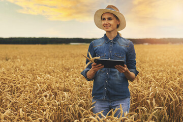 smart and modern farming. farm management. agricultural business. young woman successful farmer standing in cereal field with digital tablet in hands - obrazy, fototapety, plakaty