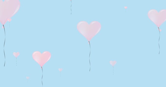 Composition of pink heart balloons on blue background