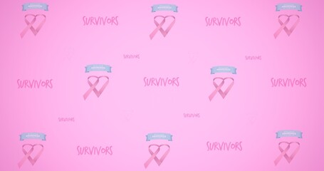 Composition of pink multiple ribbon and survivors text on pink background