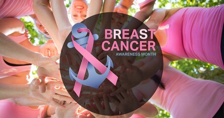 Composition of pink ribbon logo and breast cancer text over diverse group of smiling women