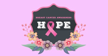 Composition of pink ribbon logo and breast cancer text on pink back ground