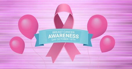 Composition of pink ribbon logo with balloons and breast cancer text on pink back ground