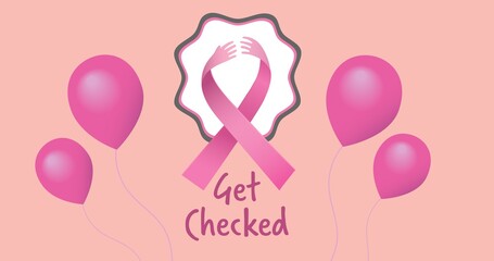 Composition of pink ribbon logo with balloons and breast cancer text on pink back ground
