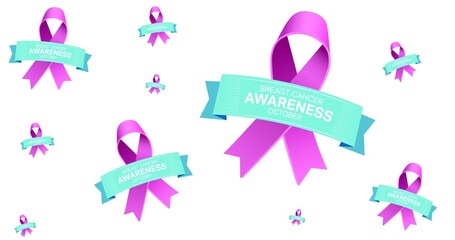 Composition of pink ribbon logo and breast cancer text on white background