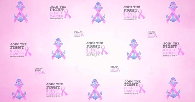 Composition of multiple ribbon anchor and breast cancer text on pink background