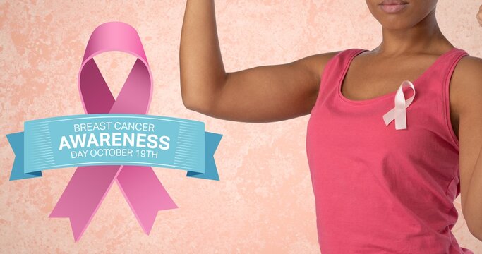 Composition of pink ribbon anchor logo and breast cancer text, with woman raising fist