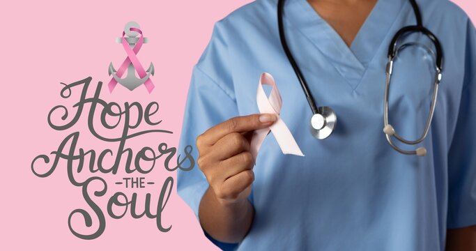 Composition of pink ribbon anchor logo and hope text, with female doctor