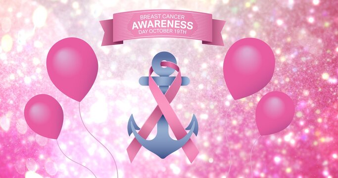 Composition of pink ribbon anchor logo with balloons and breast cancer text on pink back ground