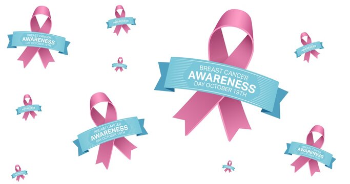 Composition of multiple ribbon logo and breast cancer text on white background