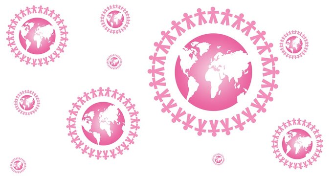 Composition of pink globe logo on white background