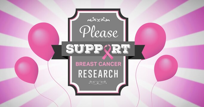 Composition of pink ribbon logo with balloons and breast cancer text on pink back ground