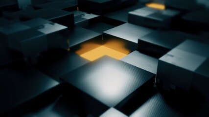 Dark and black metal cube extrude perspective orthographic light background. Cube yellow light emission. 3d render