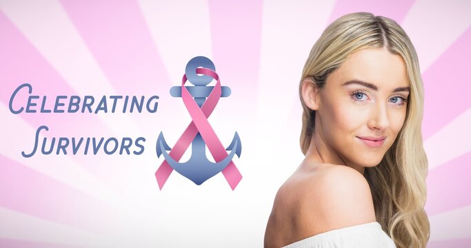Composition of pink ribbon anchor logo and breast cancer text, with smiling young woman