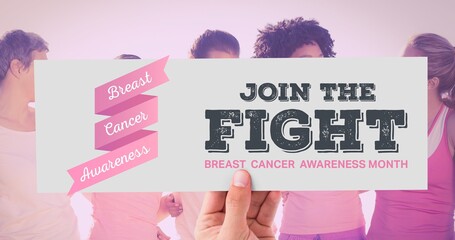 Composition of breast cancer text, with diverse group of smiling women - Powered by Adobe