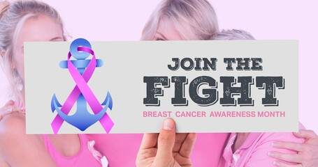 Composition of pink ribbon anchor logo and breast cancer text, with diverse group of smiling women