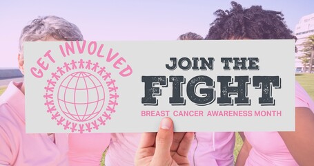 Composition of pink ribbon logo and breast cancer text, with diverse group of women