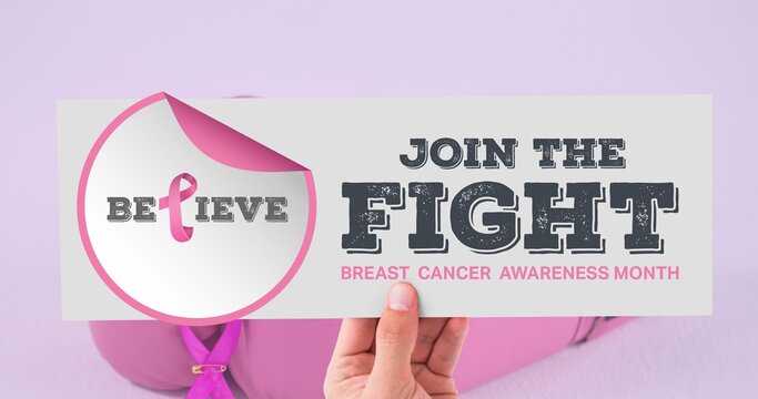 Composition of pink ribbon logo and breast cancer on white background
