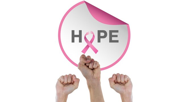 Composition of pink ribbon logo and hope text , with raised fists on white background