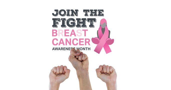 Composition of pink ribbon logo and breast cancer text , with raised fists on white background